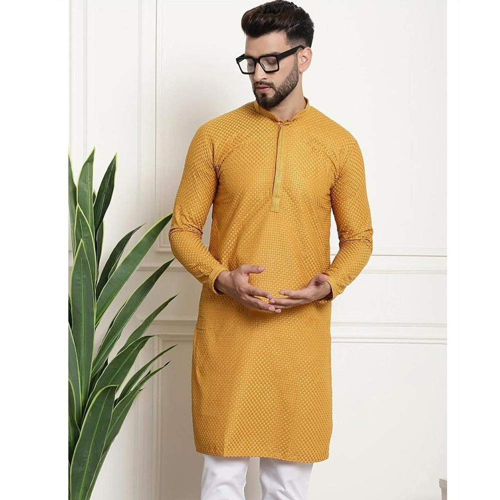 Men's Mustard Yellow Textured Kurta Shirt